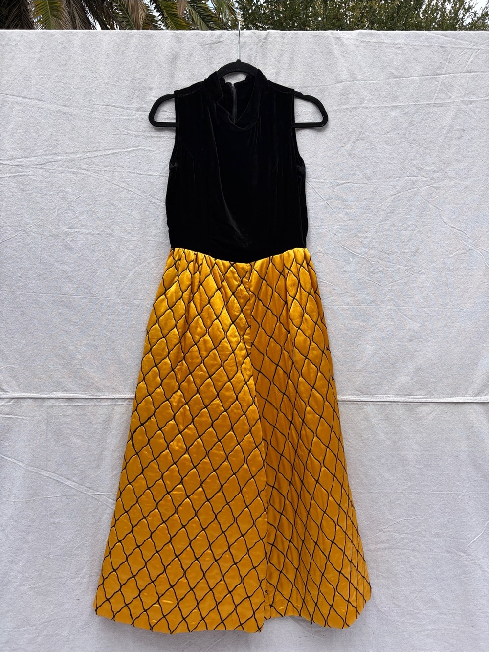 Black Velvet and Mustard Quilted Skirt Sleeveless Dress